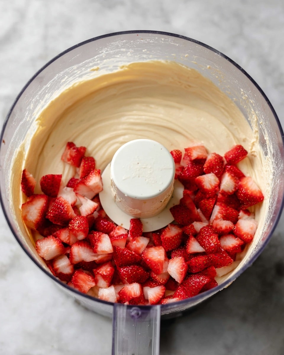 A clear food processor bowl holds a creamy light beige batter spread around the center blade base, forming one smooth layer. On top of the batter, there is a layer of bright red, small chopped strawberries scattered mostly around the right half side, showing their juicy and fresh texture. The white blade base is positioned vertically in the center, partly covered in batter. The overall scene is set on a white marbled surface. photo taken with an iphone --ar 4:5 --v 7