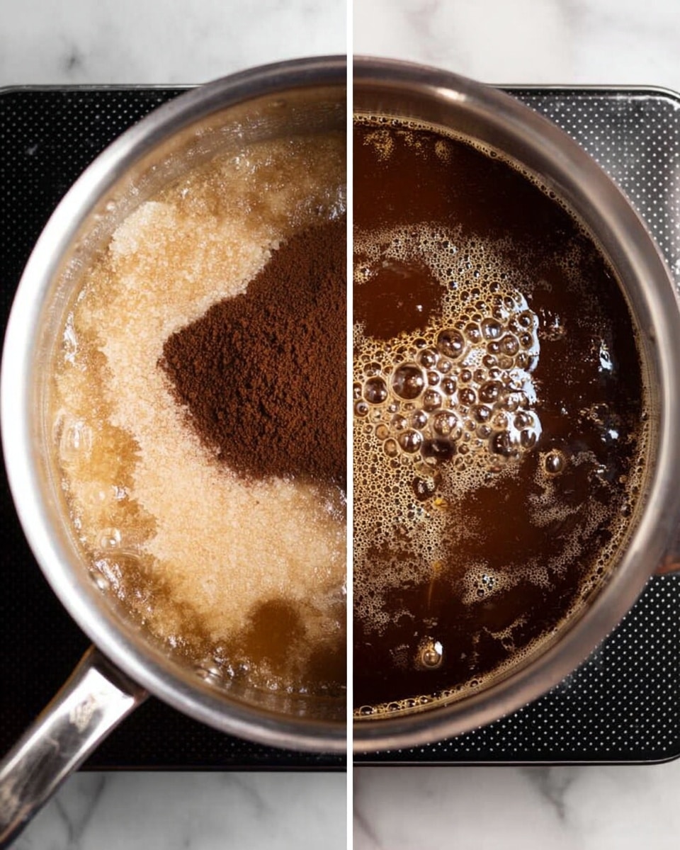 The image is split into two parts, both showing a silver metal pot on a stovetop. On the left side, inside the pot, there are light tan sugar crystals spread on one part and a mound of dark brown powder next to it, sitting on a light brown liquid base. On the right side, the pot shows the same mixture now bubbling and simmering, with a dark brown liquid surface that has small foamy bubbles and shiny reflections. The stovetop beneath has a black grid-like pattern, and the overall background is a white marbled texture. photo taken with an iphone --ar 4:5 --v 7