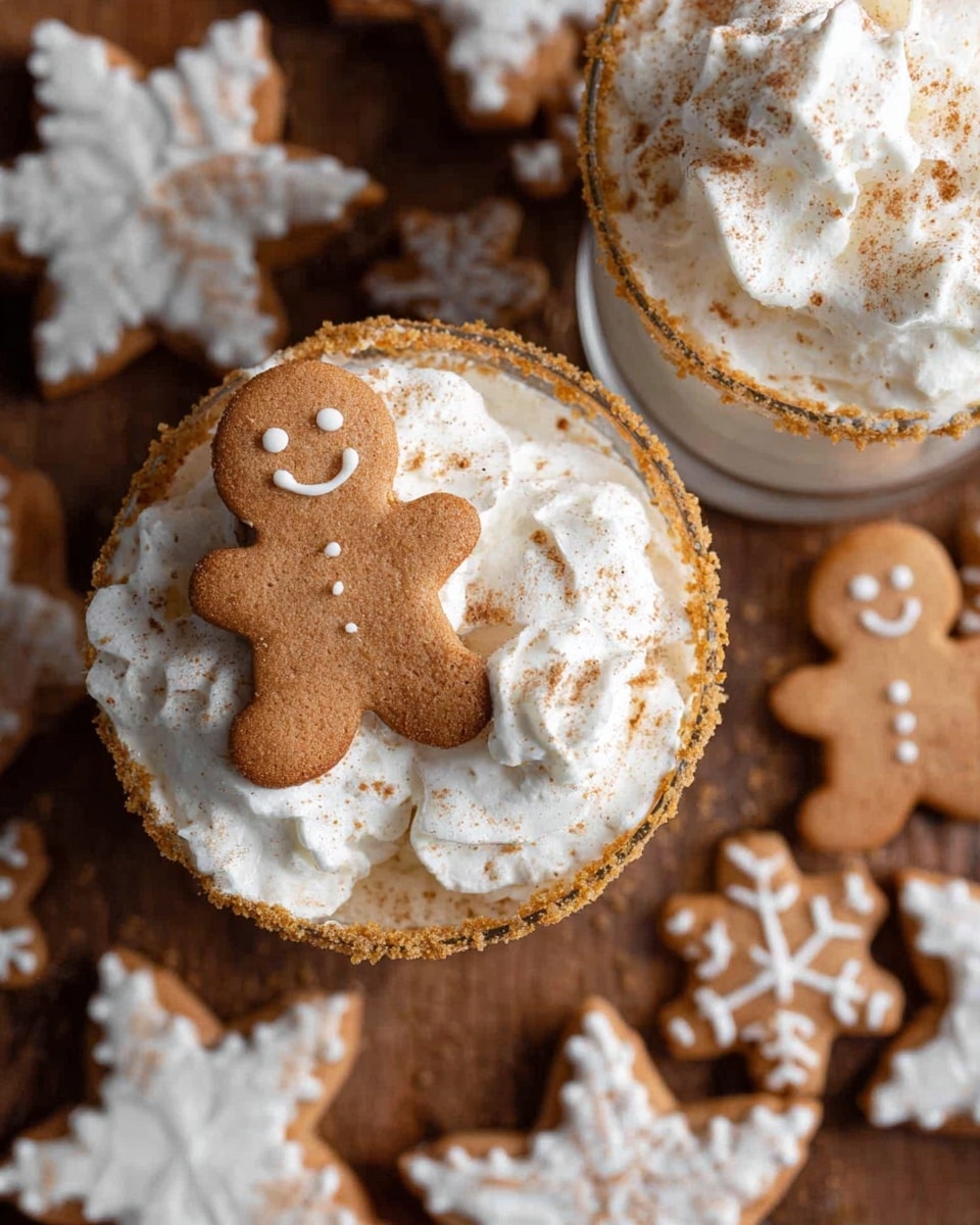 Two clear glasses filled with whipped cream topped white drinks are shown from above. The top layer in each glass is fluffy whipped cream with a light dusting of cinnamon powder. A small gingerbread man cookie with white icing details rests on the whipped cream surface in each glass. The glass rims are coated with crushed crumbs that are golden brown in color. The glasses are placed on a brown wooden surface scattered with decorated white snowflake cookies and striped star cookies. Photo taken with an iphone --ar 4:5 --v 7