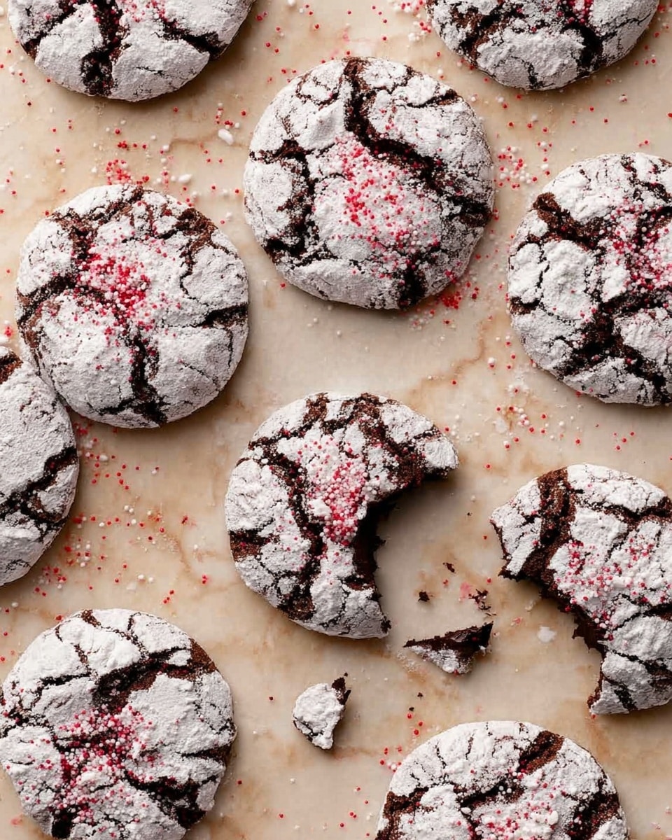 The image shows several round chocolate cookies scattered on a light beige surface with a white marbled texture background. Each cookie is covered with a thick layer of white powdered sugar, creating a cracked pattern that reveals dark chocolate beneath. Light red sprinkles are scattered over the powdered sugar, adding a touch of color. One cookie is partially eaten with a bite taken out, exposing the rich dark chocolate inside. Small crumbs and bits of powdered sugar are spread randomly around the cookies, making the scene look natural and inviting. photo taken with an iphone --ar 4:5 --v 7