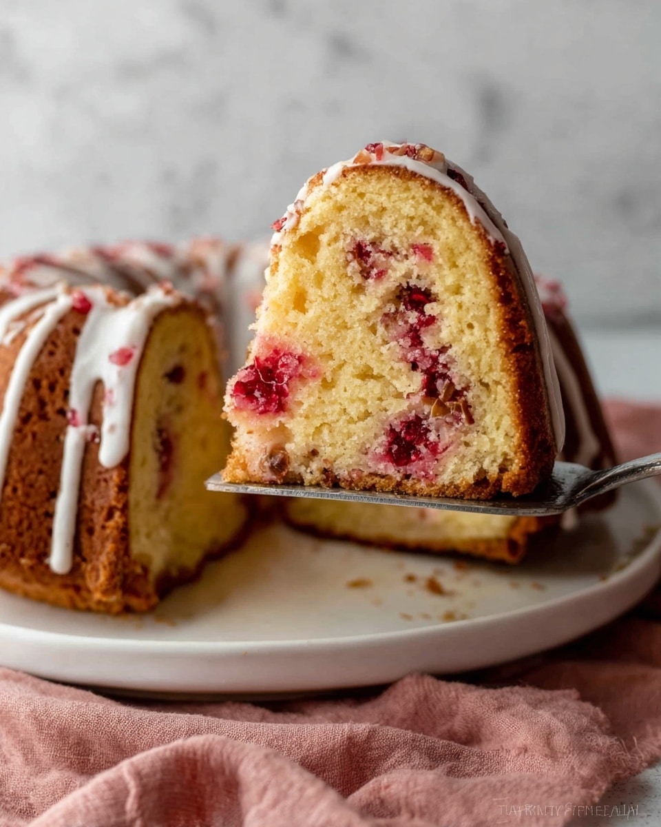The image shows a close-up of a slice of bundt cake being lifted by a metal spatula. The cake has two thick layers of light yellow crumb with a moist texture. Inside the cake, there are bright red berry pieces scattered throughout and some small brown nut pieces. The outside of the cake has a light brown baked crust with white icing drizzled down the sides. The cake rests on a white plate on a white marbled surface. A soft pink cloth is draped beneath the plate. photo taken with an iphone --ar 4:5 --v 7