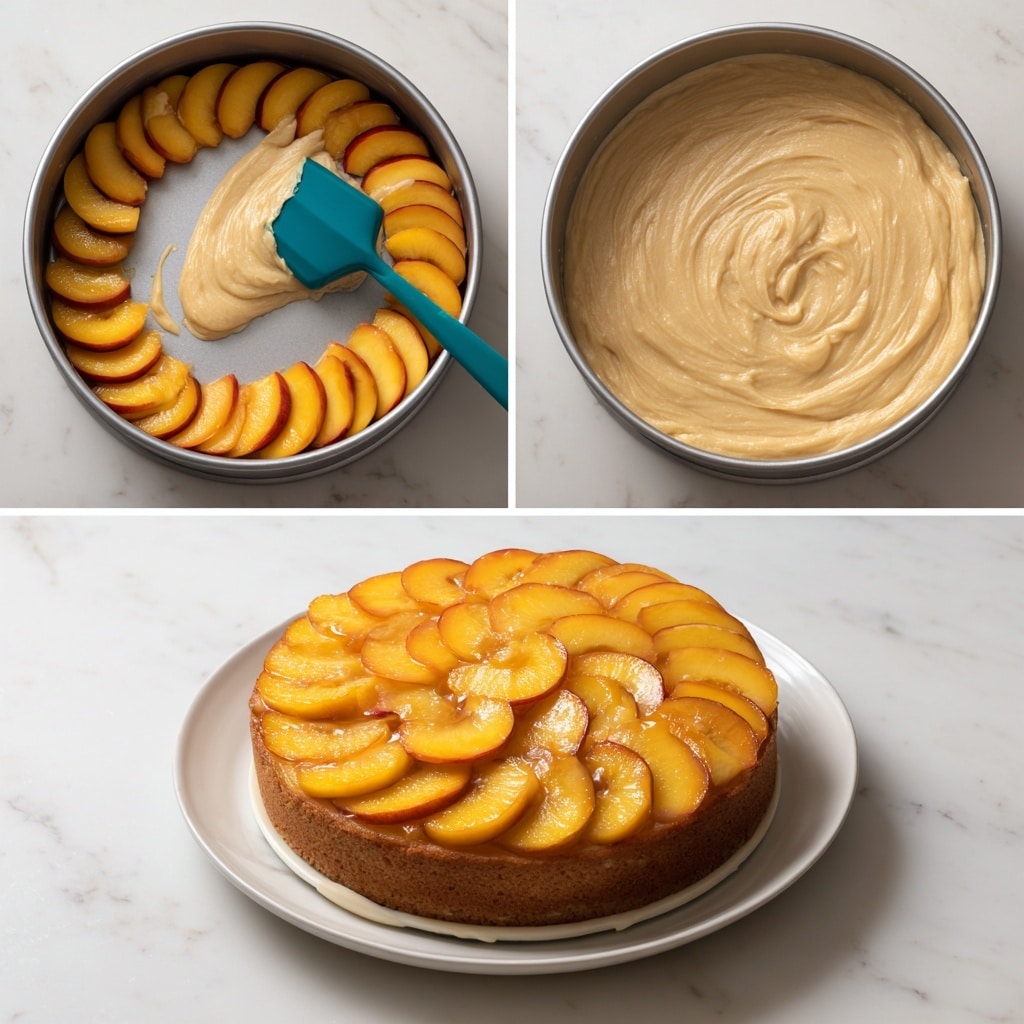 The image shows a three-step view of making a peach cake. The first part displays a round metal pan with evenly arranged peach slices in a circle along the edges and center, while a teal spatula spreads thick pale beige batter on top. The second part shows the same pan filled entirely with smooth, even beige batter covering the peaches. The last part reveals the finished cake on a white plate, with glossy, golden peach slices arranged in a beautiful circular pattern on top, showcasing a slightly shiny, baked surface. Everything is placed on a white marbled surface, photo taken with an iphone --ar 4:5 --v 7