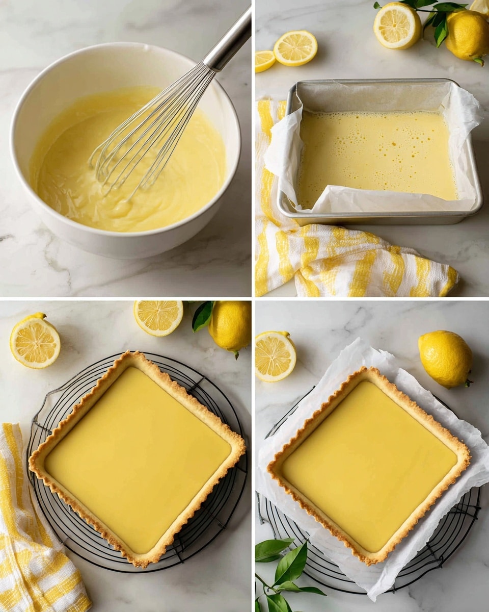 The image shows a sequence of four close-up shots of a light yellow creamy mixture being prepared and baked into a square tart. The first two images show the mixture in a white bowl with a metal whisk inside, highlighting the smooth and slightly bubbly texture of the creamy liquid. The third image shows the tart crust filled with the liquid mixture, placed inside a square metal baking pan lined with white parchment paper, sitting on a white marbled surface with a yellow striped cloth nearby. The fourth image shows the baked tart out of the pan, resting on white parchment paper on a black cooling rack, with golden brown crust edges and a smooth yellow filling, all set on the same white marbled background with a small green plant and lemon pieces as decoration. photo taken with an iphone --ar 4:5 --v 7