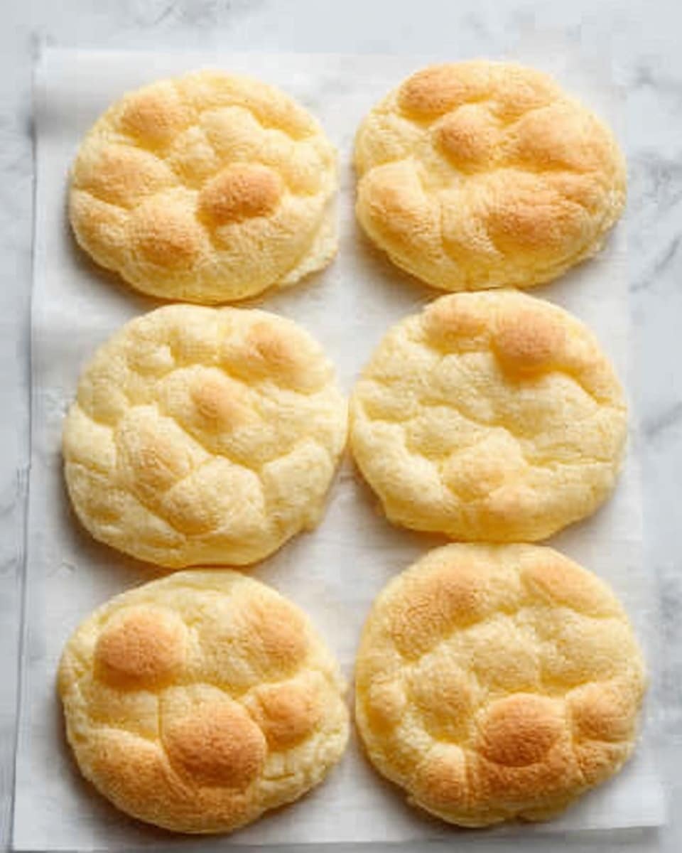 The image shows six round, fluffy cloud bread pieces arranged in two rows of three on white baking paper, placed on a white marbled surface. Each piece has a pale yellow color with a soft, spongy texture and slightly uneven, puffy tops with a few small air pockets. They have a light, airy look and are all roughly the same size but irregular in shape, with edges that appear slightly crispier than the smooth centers. The photo taken with an iphone --ar 4:5 --v 7