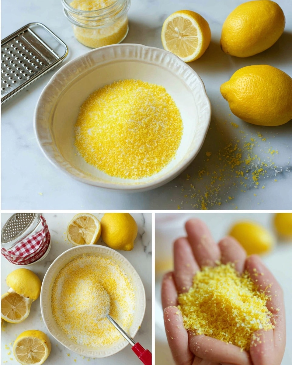 The image shows a white bowl with small moldings around the edge filled with a mix of white sugar and bright yellow lemon zest on a white marbled surface. Around the bowl are three whole yellow lemons and a metal grater with a red handle. Another picture shows a close-up of a woman's hand holding some of the sugar and zest mixture, showing its grainy texture. In the last picture, the bowl now contains a more blended, fine yellow and white mix. Nearby are two halved lemons, a whole lemon, the metal grater, and a jar with a red and white checkered lid. The overall color contrasts bright yellow and soft white tones. photo taken with an iphone --ar 4:5 --v 7