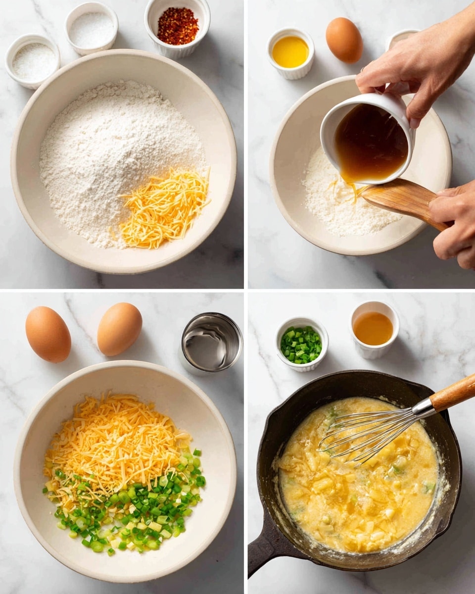 The image shows a collection of cooking ingredients arranged neatly on a white marbled surface. There are three white ramekins, one filled with yellow cornmeal, another with small cubes of orange cheddar cheese, and the last with a mix of shredded white and yellow cheese. Next to them is a small block of cheddar cheese. A little saucepan in the center holds melted butter with a smooth, shiny texture. There are two whole brown eggs placed side by side near a glass measuring cup filled with white milk. Two whole green jalapeño peppers and one on the side add a dark green contrast. A white measuring cup filled with white flour is on the left, and in the front is a small white bowl with a golden liquid mixed with red chili flakes floating on top. The scene is bright and clean with clear focus, photo taken with an iphone --ar 4:5 --v 7