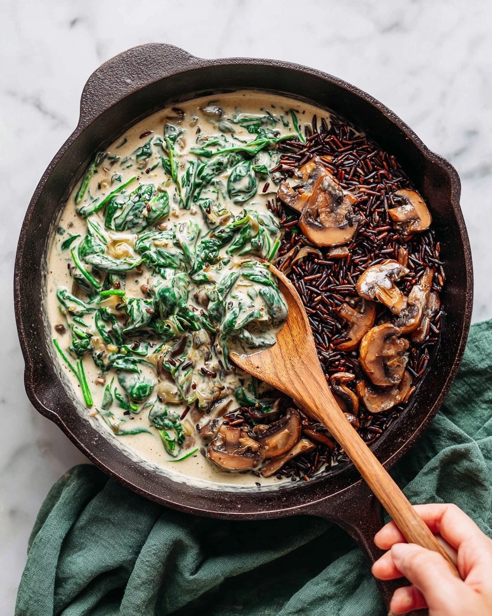 A cast iron pan filled with a creamy spinach and mushroom sauce, showing a mix of light green spinach leaves in a thick white cream base. On one side, there is a layer of cooked mushrooms in rich brown shades, slightly shiny with oil, and darker wild rice spread next to them. A wooden spoon is stirring the mixture, held by a woman's hand at the bottom right corner. The pan sits on a white marbled surface with a green cloth nearby. photo taken with an iphone --ar 4:5 --v 7