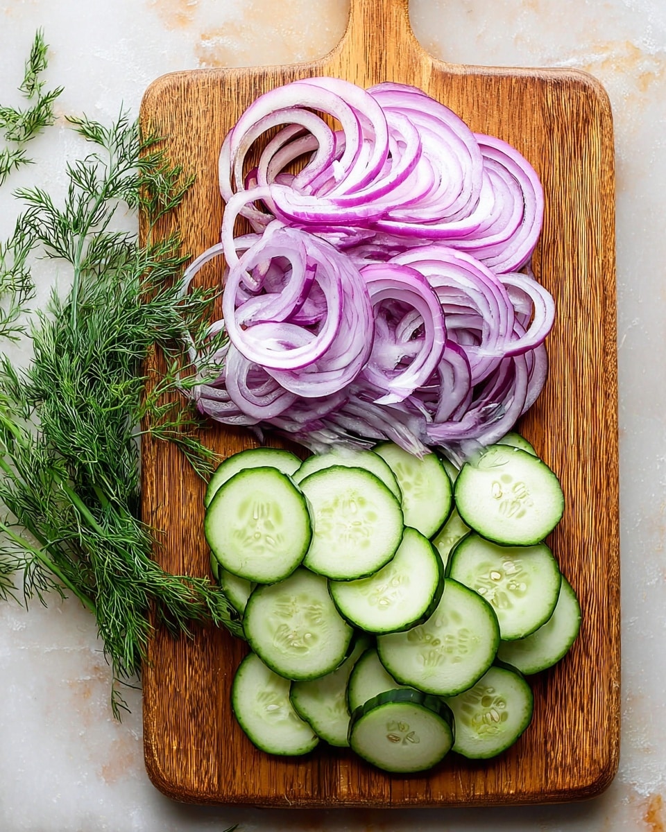 A wooden cutting board holds two layers of fresh vegetables placed side by side: on the top half, thinly sliced purple onion with white inner layers showing through, and on the bottom half, circular slices of green cucumber with pale centers and visible seeds. To the left of the board, there are sprigs of fresh green dill resting on a white marbled surface. The image is bright and clear, showing the natural texture and colors of the vegetables and herbs. photo taken with an iphone --ar 4:5 --v 7