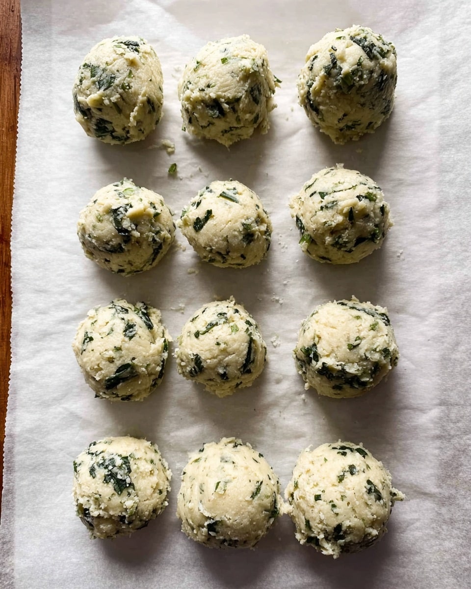 The image shows eight round scoops of a mixture placed in two neat vertical rows of four on a sheet of parchment paper. Each ball has a slightly rough texture with visible small grainy bits and green leafy parts mixed throughout, creating a marbled pattern of pale cream and dark green. The background and surface beneath the paper are not visible but implied to be a white marbled texture. The mixture looks soft and moist, ready to be baked or cooked. Photo taken with an iphone --ar 4:5 --v 7