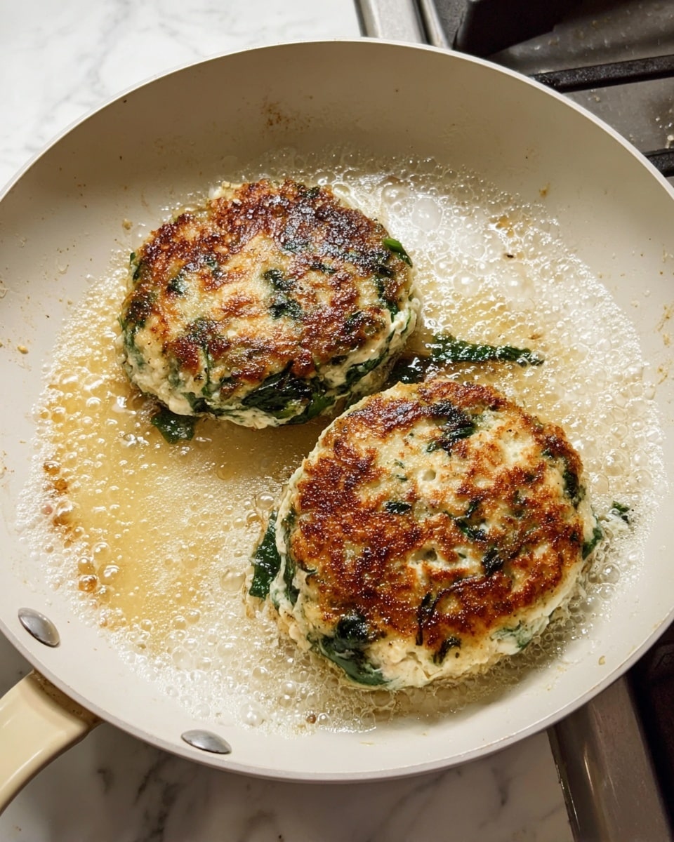 The image shows two thick patties frying in a white pan on a stove. Each patty is golden brown on top with a rough texture and visible green spinach leaves mixed inside. The patties have a slightly irregular round shape and a soft, creamy appearance in the lighter areas with fresh green patches. There is bubbling oil around the edges of the patties that glisten, emphasizing the cooking process. The stove burner grates are visible in the background, and the pan handle is light beige. The surface under the pan is a white marbled texture. Photo taken with an iphone --ar 4:5 --v 7