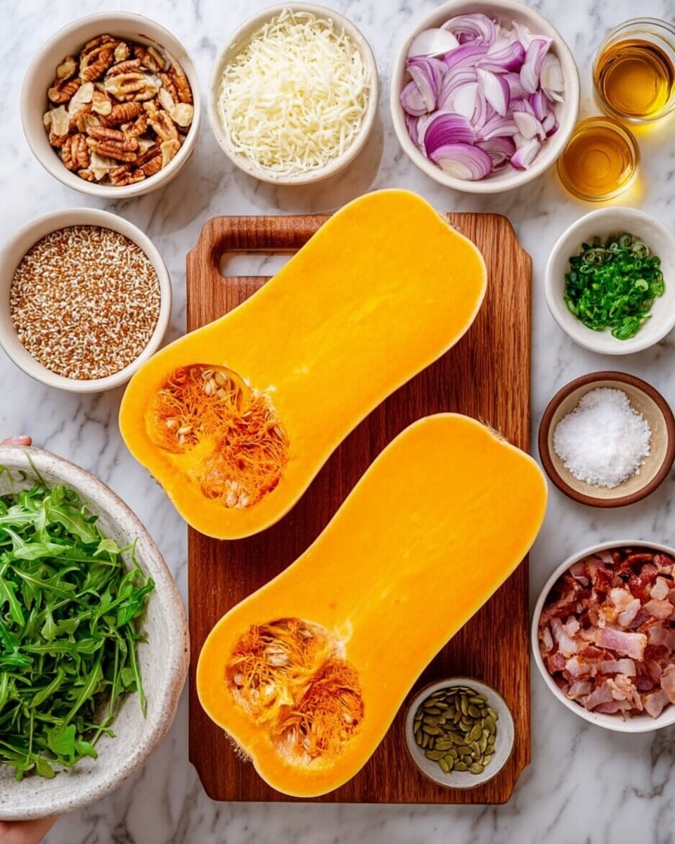 The image shows two halves of a bright orange butternut squash placed in the middle of a wooden cutting board. Around the board, there are small white bowls filled with different ingredients: one bowl has shredded white cheese, another has sliced purple onion, a small bowl with chopped garlic, a bowl of coarse salt, and another with chopped nuts. There are also green leafy herbs, a bowl of cooked brown grains, and a bowl with small pieces of cooked bacon. A woman's hand is holding a sparkling white bowl with fresh green arugula leaves on a white marbled surface. There are small glass containers with golden and amber liquids around the edges. photo taken with an iphone --ar 4:5 --v 7