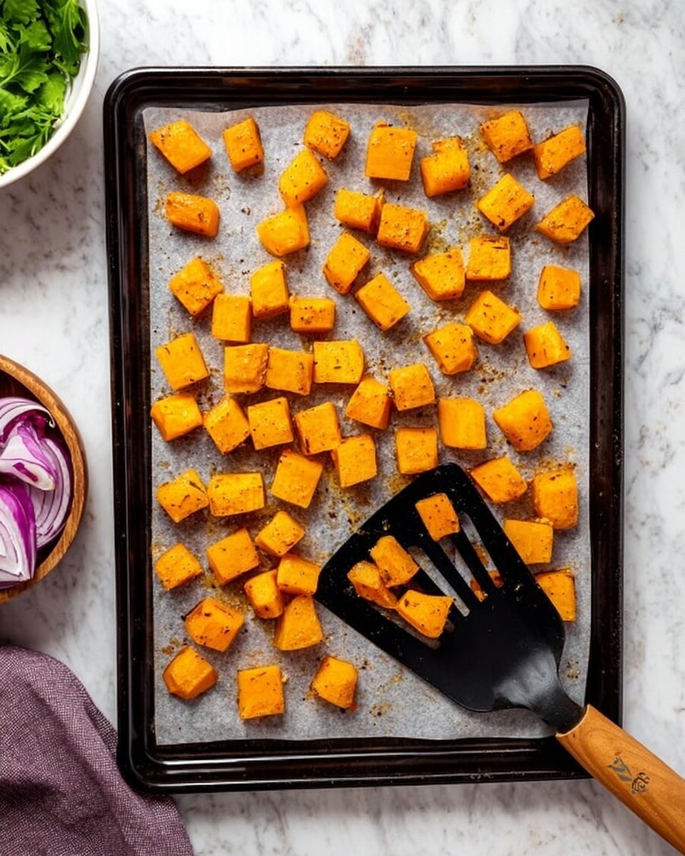 A black baking tray lined with parchment paper holds many small, evenly spaced cubes of bright orange roasted pumpkin, showing a slightly soft and caramelized texture. On the right side of the tray, a black spatula with a wooden handle rests with a few pumpkin cubes on it. The tray is placed on a white marbled surface. In the top left corner of the image, there is a white bowl with green leaves, and below it, some purple sliced onions are partially visible. Photo taken with an iphone --ar 4:5 --v 7