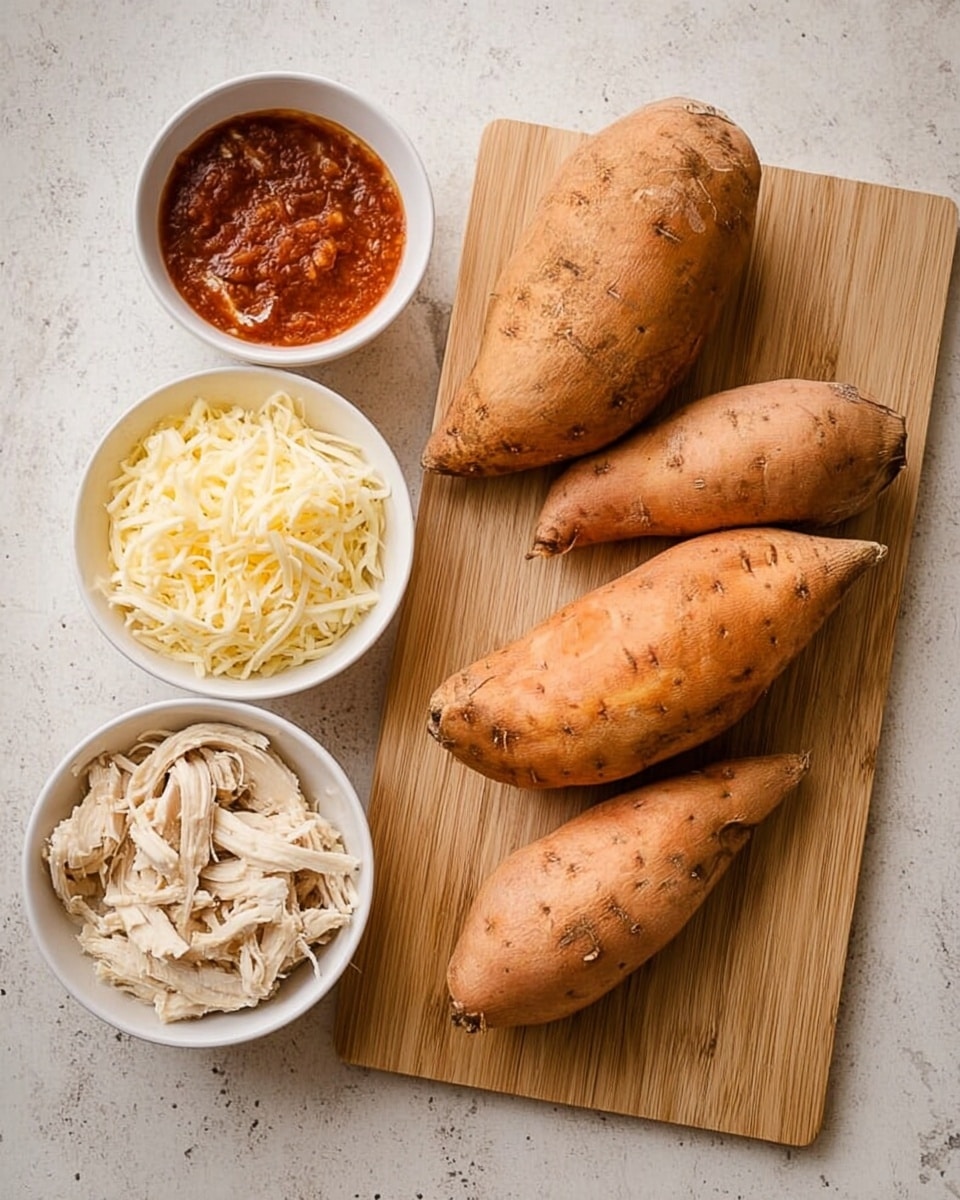 The image shows four raw sweet potatoes with a rough, orange skin placed on a light wooden cutting board on the right side. To the left of the board, there are three white bowls arranged on a white marbled surface: the top bowl contains shredded pale yellow cheese, the middle bowl holds a thick reddish sauce, and the bottom bowl is filled with shredded light beige cooked chicken. The overall setup is simple with natural lighting. photo taken with an iphone --ar 4:5 --v 7