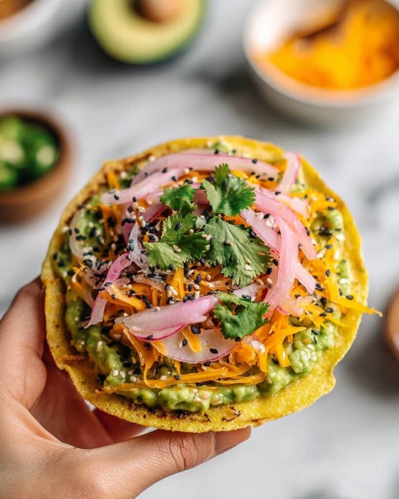 Easy Vegetarian Tostadas with Avocado, Cheddar, and Pickled Red Onions Recipe