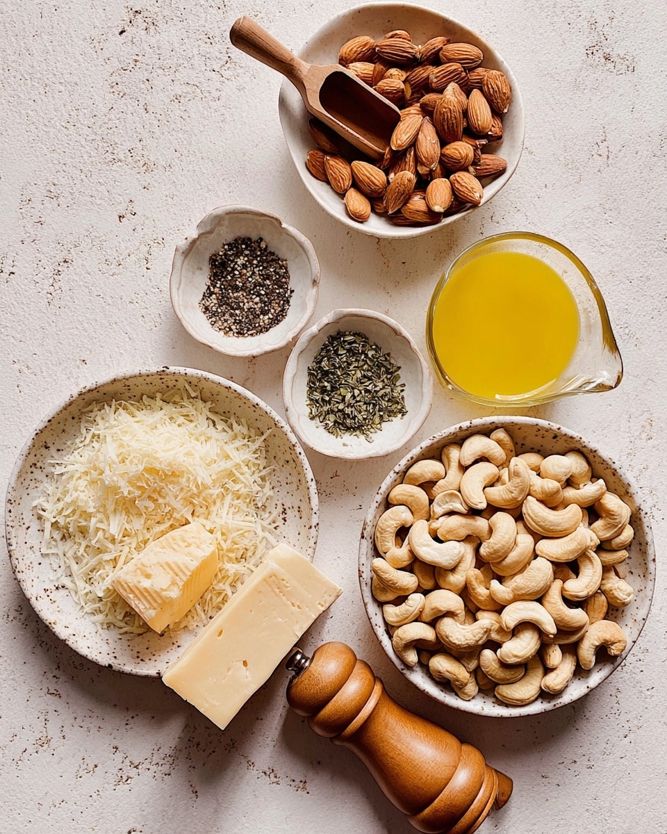The image shows various ingredients arranged on a light stone surface with a white marbled texture. There is a large round bowl filled with light brown cashew nuts that have a smooth texture, placed at the bottom right. Next to it on the left is a smaller white bowl holding finely grated pale yellow cheese with a solid piece of cheese resting inside. Above, a round white bowl contains whole almonds with a wooden scoop full of almonds resting on top of the bowl. In the center top, two small white dishes hold coarse black pepper and finely chopped dark green herbs. To the right of these dishes is a small glass measuring cup filled with bright yellow melted butter. A wooden pepper grinder stands between the pepper dish and the measuring cup. The overall scene is well lit and natural. photo taken with an iphone --ar 4:5 --v 7