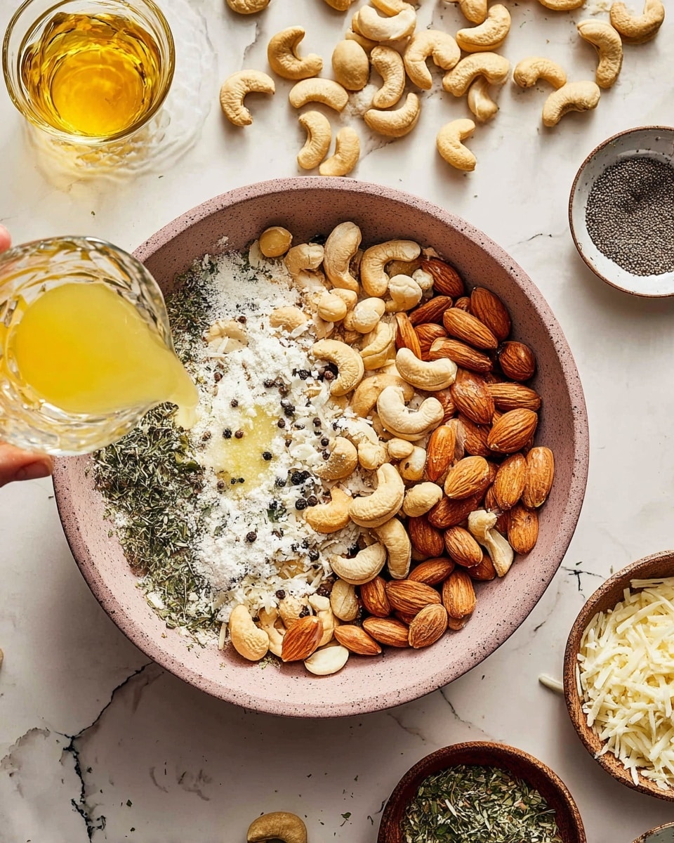A large bowl filled mostly with whole almonds and cashews, topped with a white powdered ingredient, dried green herbs, and some small black pepper bits, with a clear glass cup pouring a yellow liquid over the nuts from the bottom left side. The bowl is on a white marbled surface with scattered cashews on one side and other small bowls nearby holding almonds, shredded white cheese, black peppercorns, and dried green herbs. The scene is well-lit, showing natural earthy colors and textures. Photo taken with an iphone --ar 4:5 --v 7