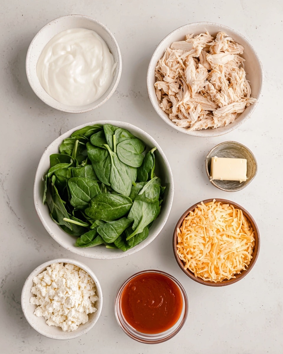 The image shows six bowls arranged on a white marbled surface. The first layer on the left has a white bowl filled with fresh green spinach leaves, to its right is a white bowl containing shredded cooked chicken in light brown and beige tones. Above these two, there is a smaller white bowl filled with a white creamy substance, likely sour cream, and next to it a tiny metallic bowl holding a pale yellow cube of butter. Above these, there is a brown bowl full of shredded orange cheese, and next to it, a small white bowl with a crumbly white ingredient, possibly cottage cheese or ricotta. Below all these is a small clear bowl filled with a red sauce. The photo is taken with an iphone --ar 4:5 --v 7
