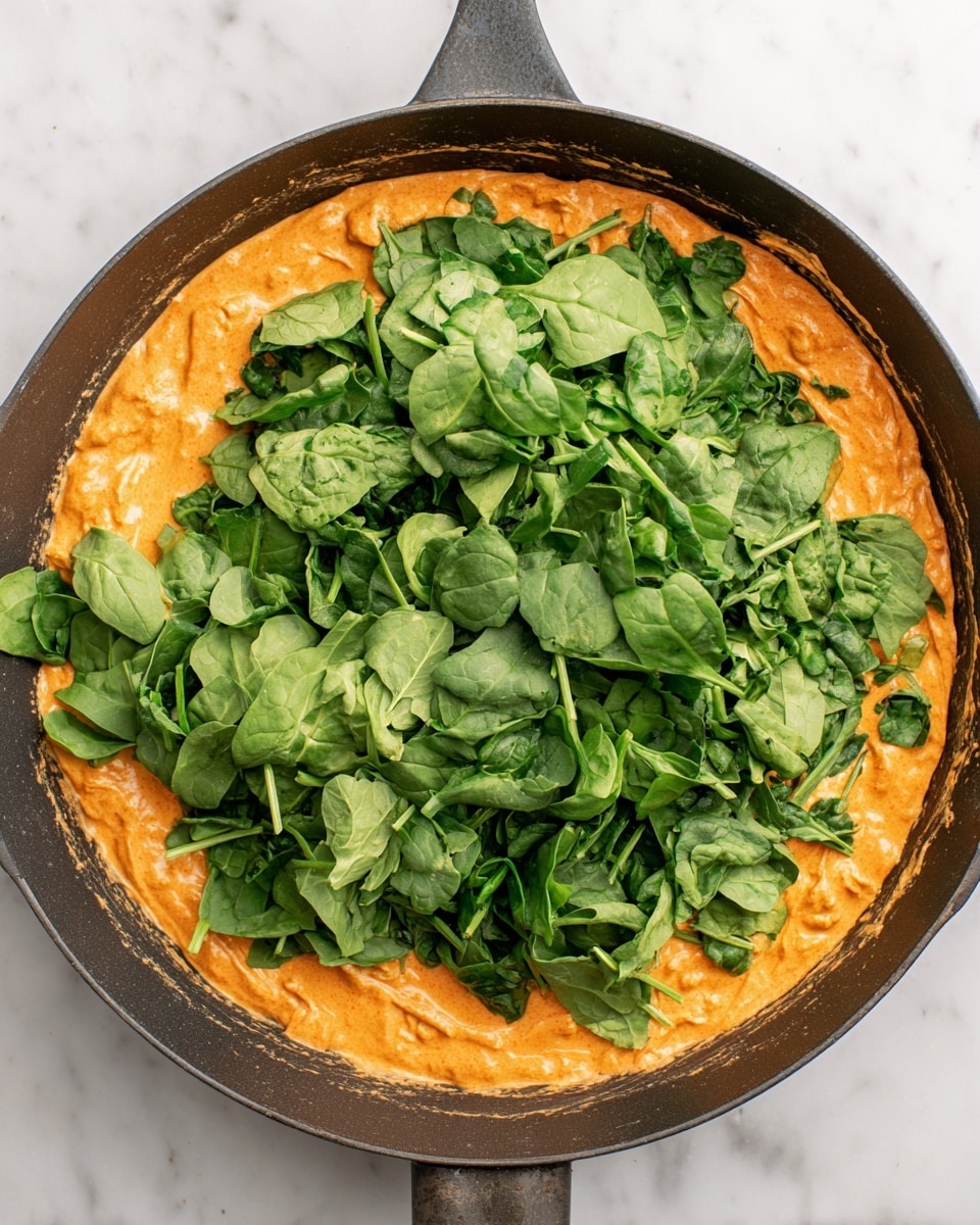 A black pan sits on a white marbled surface, filled with two main layers. The bottom layer is a thick, creamy, orange sauce spread evenly across the pan, showing some texture with small lumps. On top of this orange sauce is a fresh layer of chopped green spinach leaves, covering the sauce mostly in the center while some leaves spread out to the edges, adding a vibrant fresh contrast. photo taken with an iphone --ar 4:5 --v 7