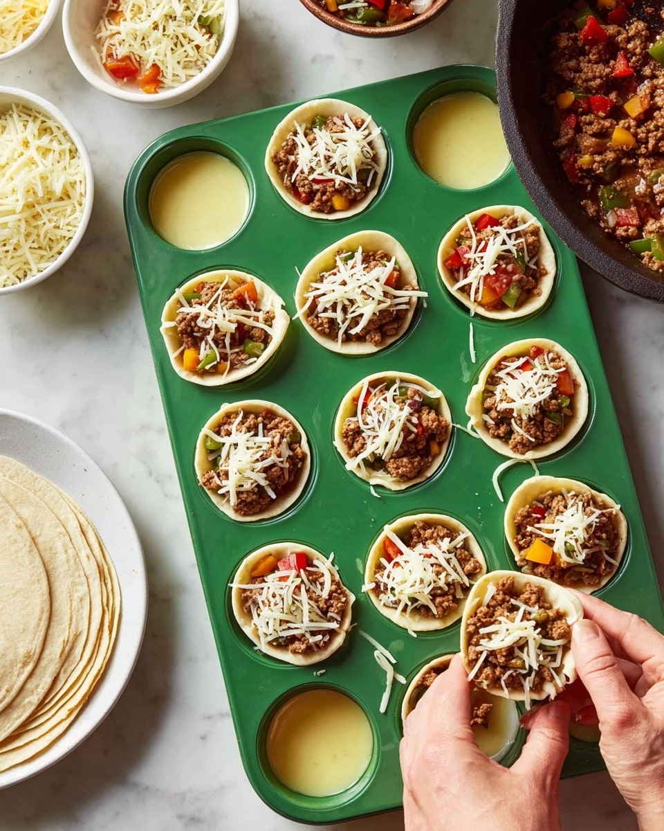 The image shows a green muffin tray filled with tortilla cups layered in three parts: the bottom layer is a light yellow liquid, likely an egg mixture; the middle layer consists of cooked ground meat mixed with small pieces of red and yellow bell peppers and onions, visible as chunky brown and colorful pieces; the top layer is white shredded cheese sprinkled over some of the cups. The tortilla shells are white, shaped to form cups inside each muffin slot. A woman's hand is adding shredded cheese to one of the cups in the bottom left corner. Around the tray, there is a white bowl with more shredded cheese, a white plate stacked with tortillas, and a cast iron pan with more cooked meat and vegetables against a white marbled background. photo taken with an iphone --ar 4:5 --v 7