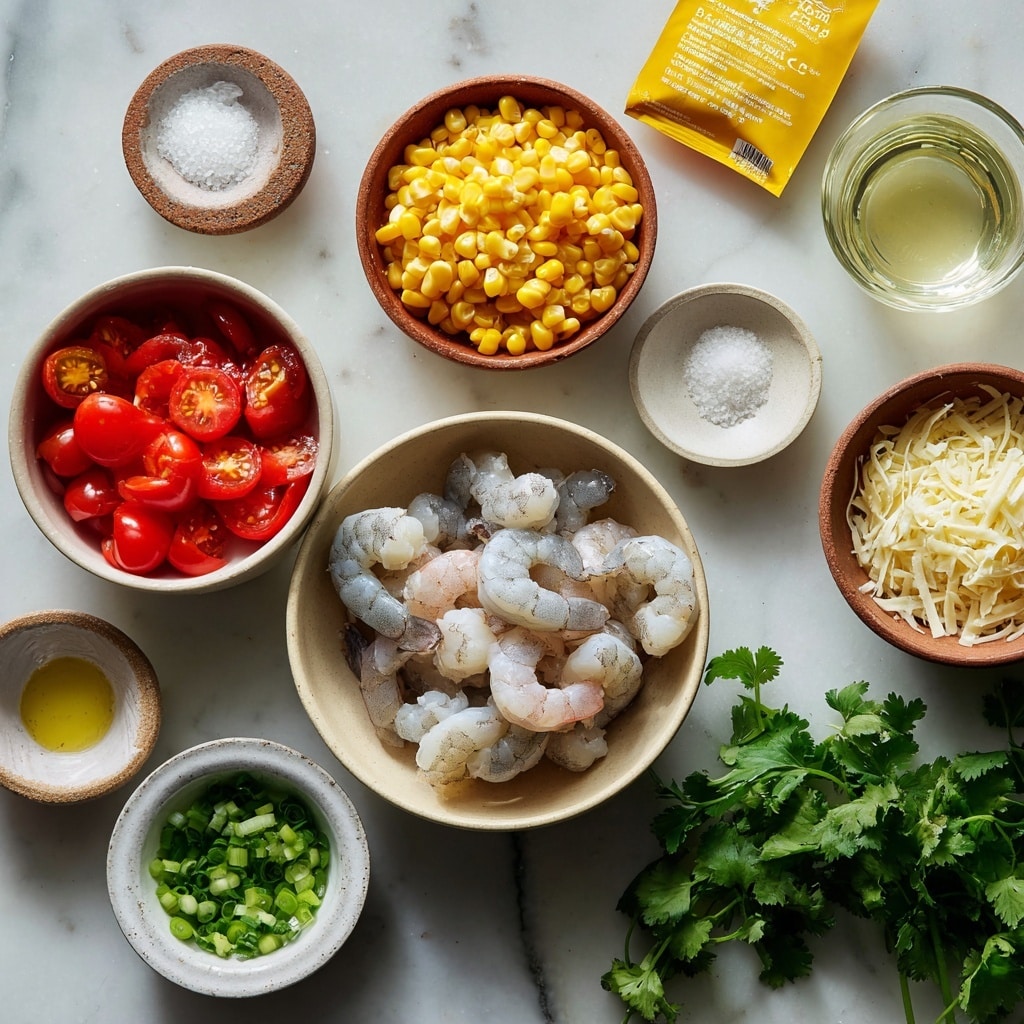 The image shows a white rectangular baking dish with two stages of a recipe side by side on a white marbled surface. On the left side, the first layer is a mix of yellow corn kernels scattered across the base, topped with pieces of red bell pepper and halved red cherry tomatoes, evenly spread out. On the right side, the same dish now has a second layer of raw shrimp arranged evenly on top of the corn, tomato, and pepper mixture. The shrimp are grayish with green and white chopped scallions sprinkled over them, adding subtle green and white accents. The overall colors are bright and fresh, with yellow, red, gray, and green standing out. Photo taken with an iphone --ar 4:5 --v 7