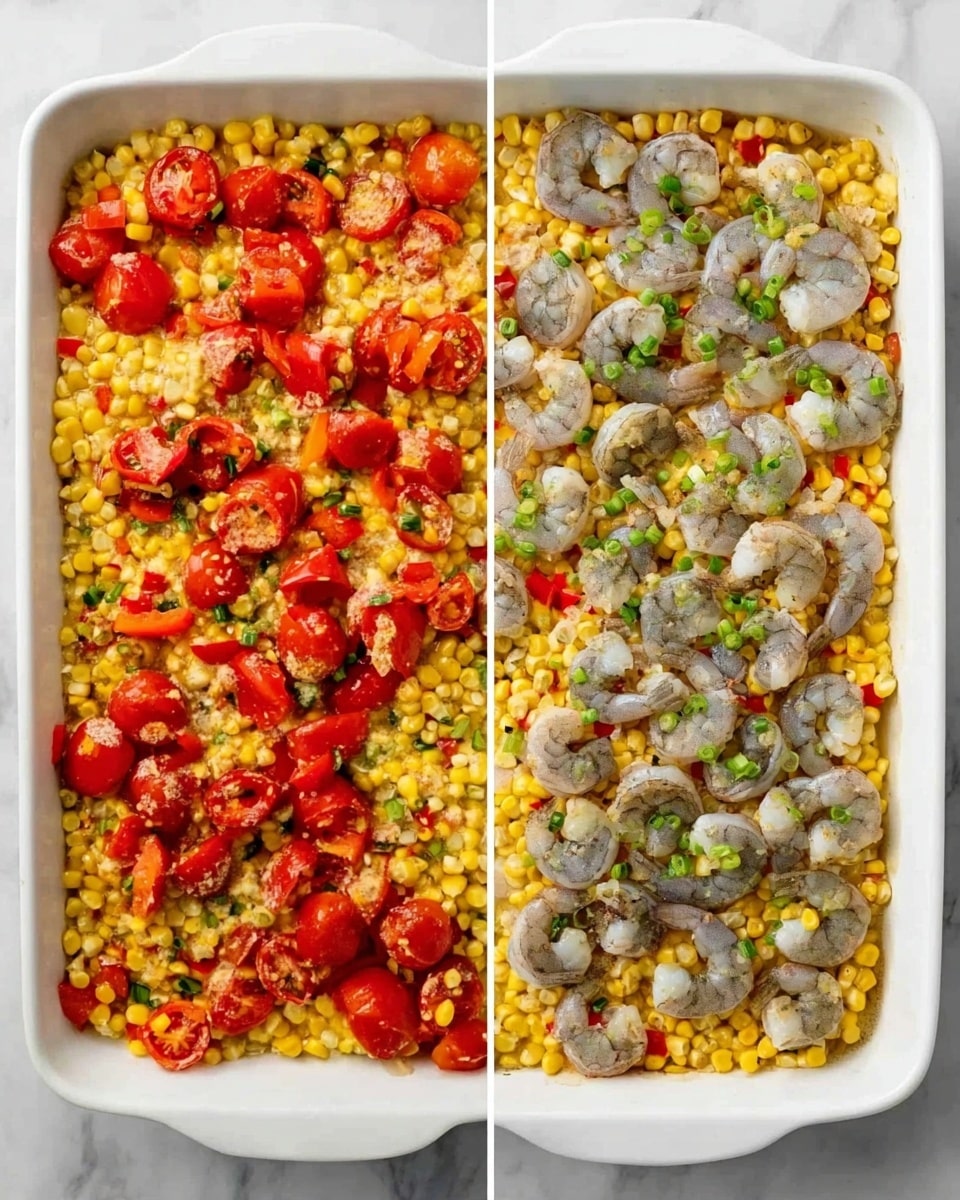 The image shows an arrangement of raw ingredients on a white marbled surface, each in small bowls or containers. In the center, there is a beige bowl filled with raw shrimp that are greyish-pink and slightly translucent. Surrounding it are bowls with bright yellow corn kernels, vibrant red bell pepper pieces, and halved cherry tomatoes in a reddish-brown bowl. There is a small bowl with finely chopped green onions, and another with shredded pale yellow Monterey Jack cheese. Fresh green cilantro leaves lay on the surface near a small dish of white salt crystals. A small cup holds light yellow oil, and a tiny plate contains a small piece of garlic. A clear container with lemon juice sits nearby, and a yellow packet of mild taco seasoning mix is placed on the marble background as well. Photo taken with an iphone --ar 4:5 --v 7