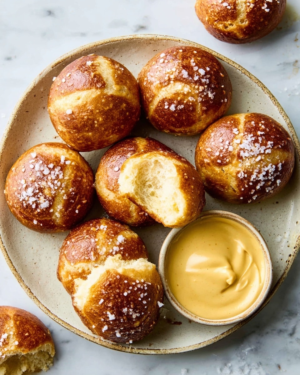 A close-up of six shiny golden brown pretzel bites covered with coarse salt, lying on a white marbled surface. One pretzel bite is in the center being pulled apart by a woman's hand, showing melted white cheese stretching between the two halves. In the upper right corner, there is a small white bowl filled with creamy light yellow mustard sauce with a smooth texture. The lighting highlights the shiny crust and the soft cheese inside the pretzel. photo taken with an iphone --ar 4:5 --v 7