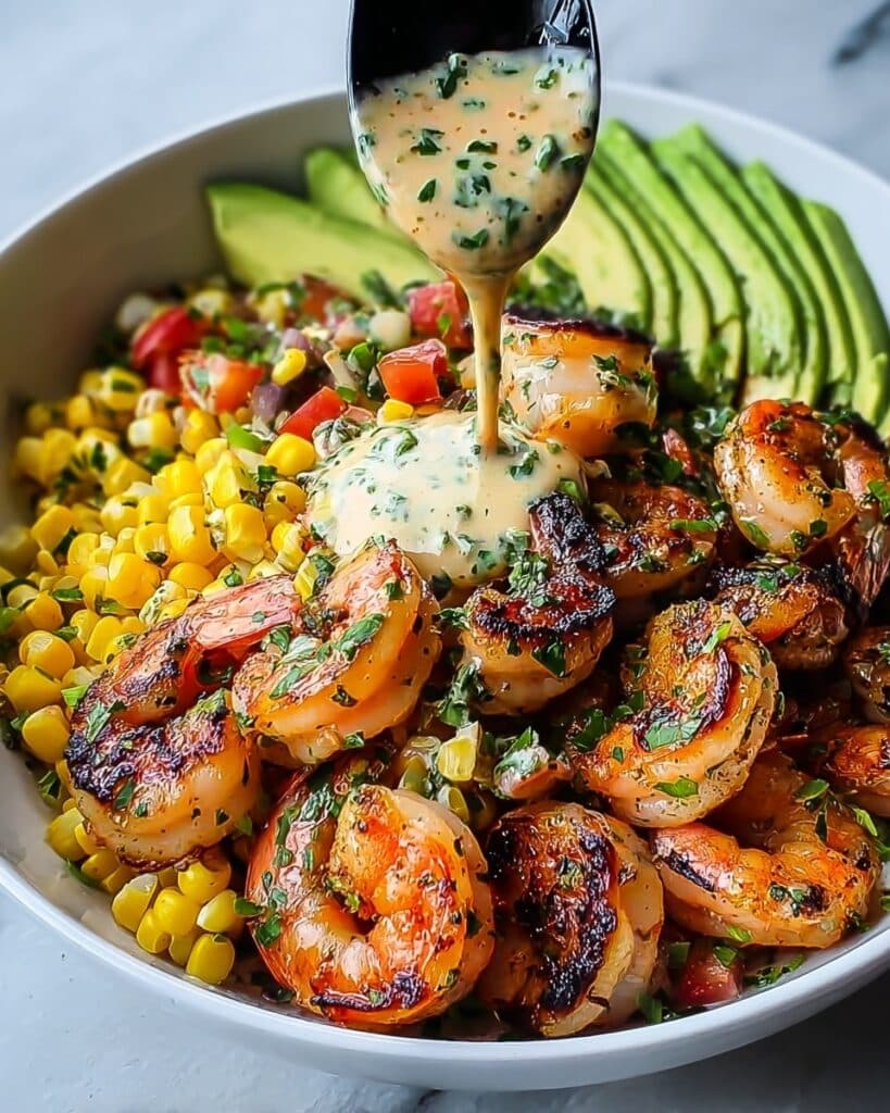 Grilled Shrimp Bowl with Avocado, Corn Salsa & Creamy Garlic Sauce Recipe