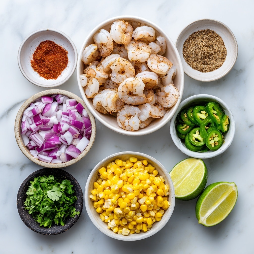 A white bowl filled with a mix of grilled shrimp, yellow corn, diced tomatoes, and chopped green herbs as the base layer. At the back of the bowl, there are thin slices of fresh green avocado fanned out. On top of the shrimp, a creamy light sauce with green herb bits is being poured from a black spoon, covering some of the shrimp. The grilled shrimp have visible char marks, showing their orange and pink color. The bright yellow corn adds a pop of color among the shrimp and vegetables. The bowl is placed on a white marbled surface. photo taken with an iphone --ar 4:5 --v 7