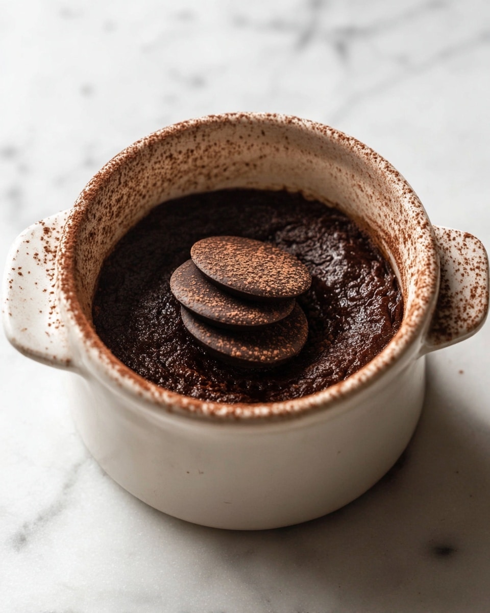 The image shows a white ceramic pot placed on a white marbled surface. Inside the pot, there is a dense, dark brown chocolate mixture that looks thick and slightly uneven in texture. On top of this chocolate layer, there are three round, flat dark chocolate discs stacked slightly tilted. The inside rim of the pot is dusted with cocoa powder, giving it a rustic appearance. photo taken with an iphone --ar 4:5 --v 7