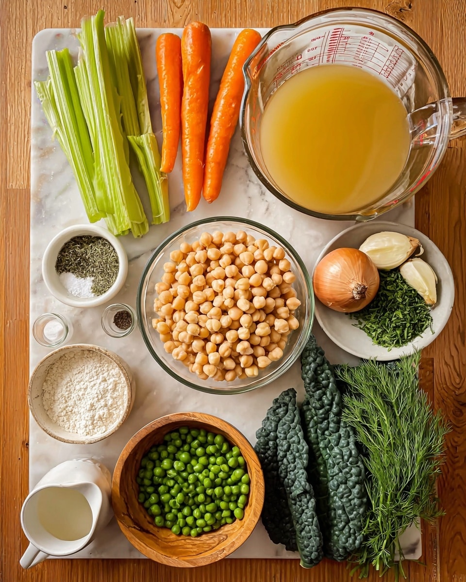 The image shows various fresh ingredients arranged neatly on a wooden surface with a white marbled texture. In the center, there is a clear glass bowl filled with light beige chickpeas. Above it, a large glass measuring cup holds golden yellow broth. To the left, there are two whole bright orange carrots and three celery stalks with light green color. Below the chickpeas, a small wooden bowl contains chopped green beans. To the right of the chickpeas, there are two large dark green kale leaves. Nearby, a small white plate holds three peeled garlic cloves, and a whole brown onion sits next to fresh green dill. Above the onion, a white dish contains chopped green herbs mixed with dried herbs. Near the top left, a white bowl holds white flour, and a small green bowl contains salt and black pepper. A small white jug holds a light cream-colored liquid. The overall composition is clean and colorful, showcasing fresh ingredients for cooking, photo taken with an iphone --ar 4:5 --v 7