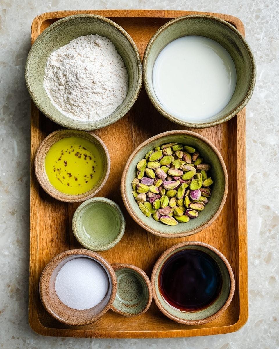 A wooden tray holds eight small ceramic bowls filled with different ingredients, placed on a white marbled surface. Starting from the top left, there is a bowl filled with white flour with a slightly rough texture, next to it is a bowl with white granulated sugar. Below the sugar, a bowl contains a smooth, light cream liquid. To the right of this, a round bowl is filled with shelled pistachios, showing green and purple hues in an uneven pile. Below the pistachios, a small bowl holds a fine white powder, possibly baking powder or salt. To the left of that, a bowl contains a clear yellow liquid with tiny particles suspended in it. Above this, there is a small bowl filled with a dark brown, thick liquid, likely a syrup or sauce. Lastly, another small bowl contains a glossy dark green liquid. The bowls are textured ceramic with earthy tones, and the photo taken with an iphone --ar 4:5 --v 7