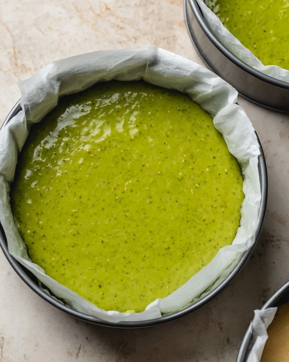 The image shows a single round cake pan lined with white parchment paper, filled with a smooth, thick green batter that has small visible specks throughout. The batter spreads evenly across the pan, giving a glossy and slightly textured surface. The pan rests on a white marbled surface, enhanced by soft natural lighting, and part of another pan with the same batter is visible on the right side of the image. photo taken with an iphone --ar 4:5 --v 7