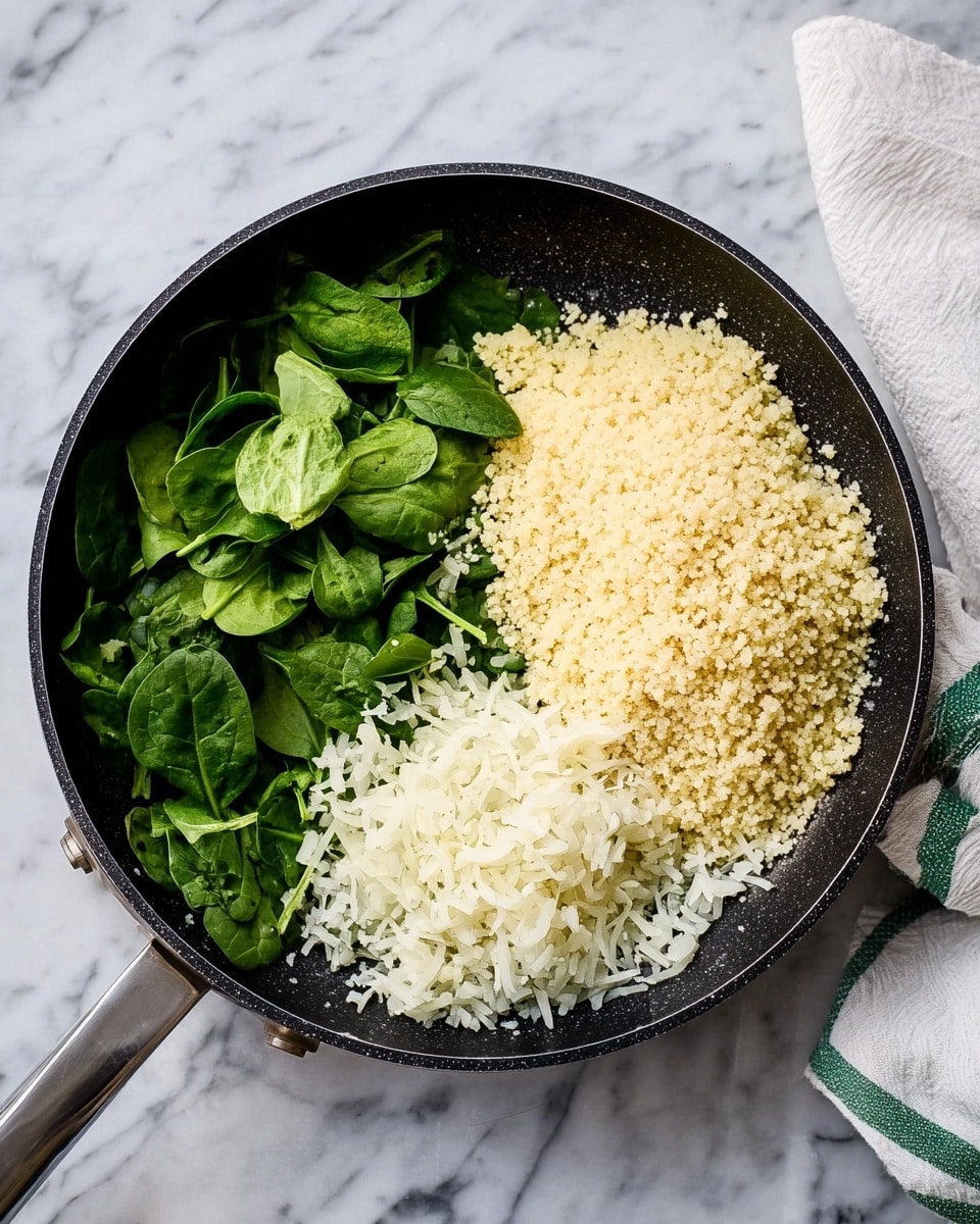 A black frying pan on a white marbled surface holds three separate layers of ingredients: fresh green spinach leaves on the left side, finely shredded white onions in the bottom right corner, and pale yellow couscous filling the top right section. The pan handle extends to the right, and a white cloth with green stripes lies partially visible on the right edge of the image. Photo taken with an iphone --ar 4:5 --v 7