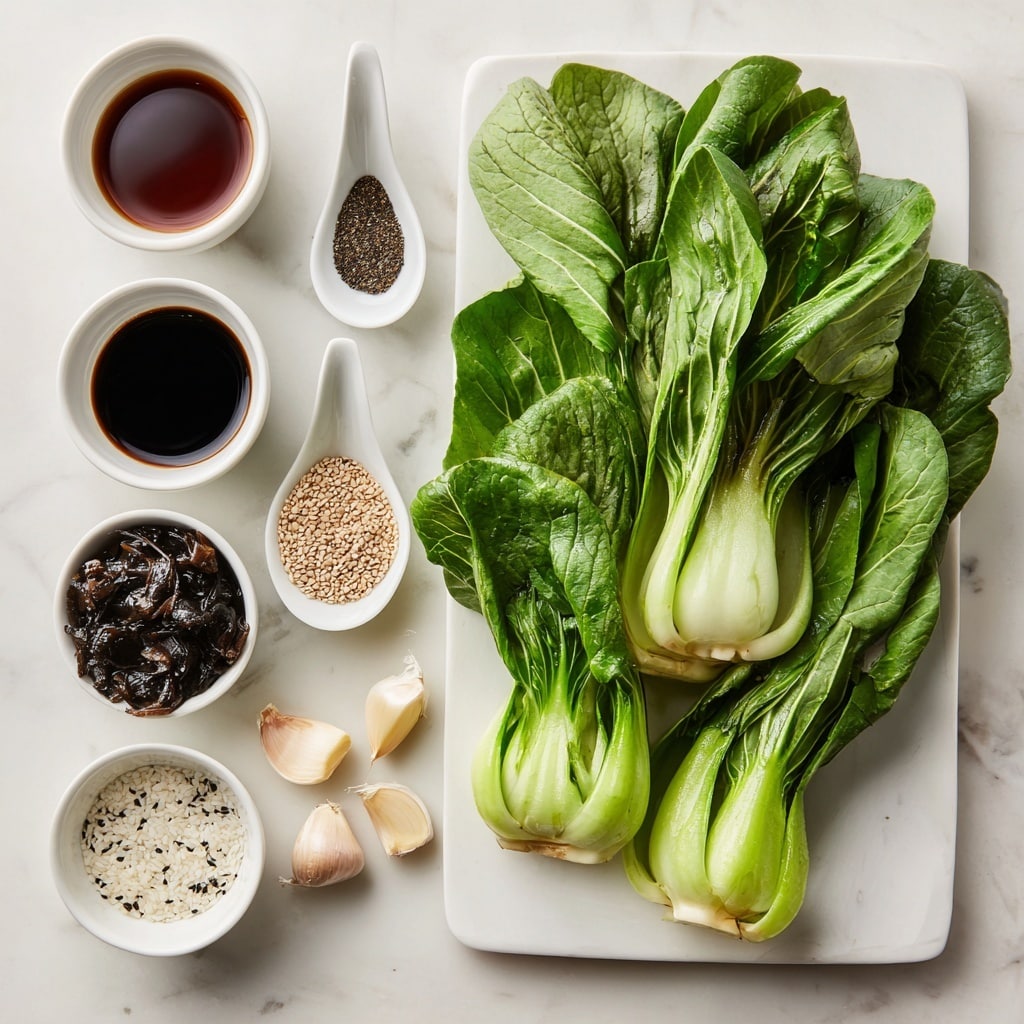 The image shows fresh baby bok choy with vibrant green leaves and pale green stems on the right side, placed on a white marbled surface. On the left, there are six small white dishes and a white spoon arranged vertically. From top to bottom, the dishes hold dark brown oil in a round bowl, dark soy sauce in a round bowl, very dark Chinese mushroom sauce in another round bowl, white sesame seeds in a square dish, black pepper in a white spoon, and two peeled garlic cloves sit directly on the surface near the bottom. The arrangement is neat and all items are clearly visible with sharp contrasts in color and texture, photo taken with an iphone --ar 4:5 --v 7