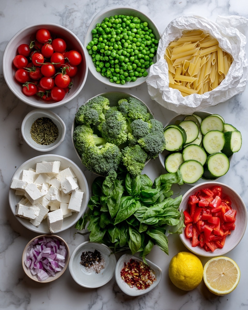 The image shows multiple fresh ingredients arranged on a white marbled surface. There is a white bowl of cherry tomatoes at the top left corner, next to a white bowl filled with bright green peas. To the right, there is a white paper bag holding uncooked pale yellow pasta. Below the peas, slices of light green zucchini are next to vibrant green broccoli florets. Fresh green basil leaves sit beside the broccoli, followed by a bunch of leafy parsley. A round white bowl contains soft white silken tofu. At the bottom left, there are diced red bell peppers and finely chopped red onions, with a yellow lemon placed nearby. Small bowls hold coarse salt mixed with red pepper flakes and golden oil. The colors range from bright reds and greens to soft whites and yellows, creating a fresh and colorful scene. Photo taken with an iphone --ar 4:5 --v 7