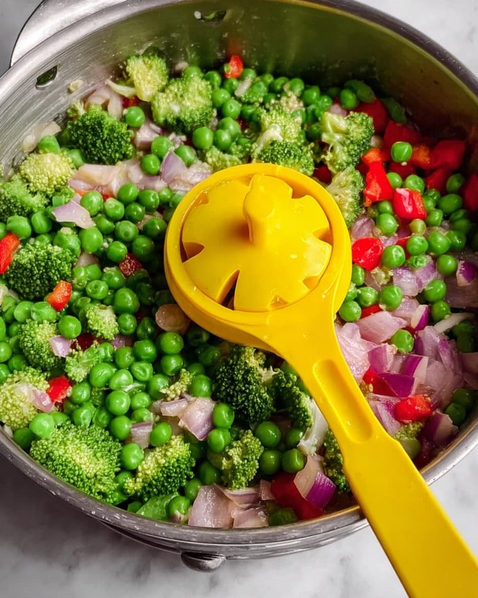 A close-up image of a stainless steel pan filled with mixed vegetables including bright green peas, broccoli florets, red bell pepper pieces, and light purple onion chunks. On top of the vegetables is a yellow citrus juicer resting slightly to the left of the pan. The vegetables have a fresh, chopped appearance with varied textures, such as the smooth peas and rough broccoli tops, all sitting over a white marbled surface. Photo taken with an iphone --ar 4:5 --v 7