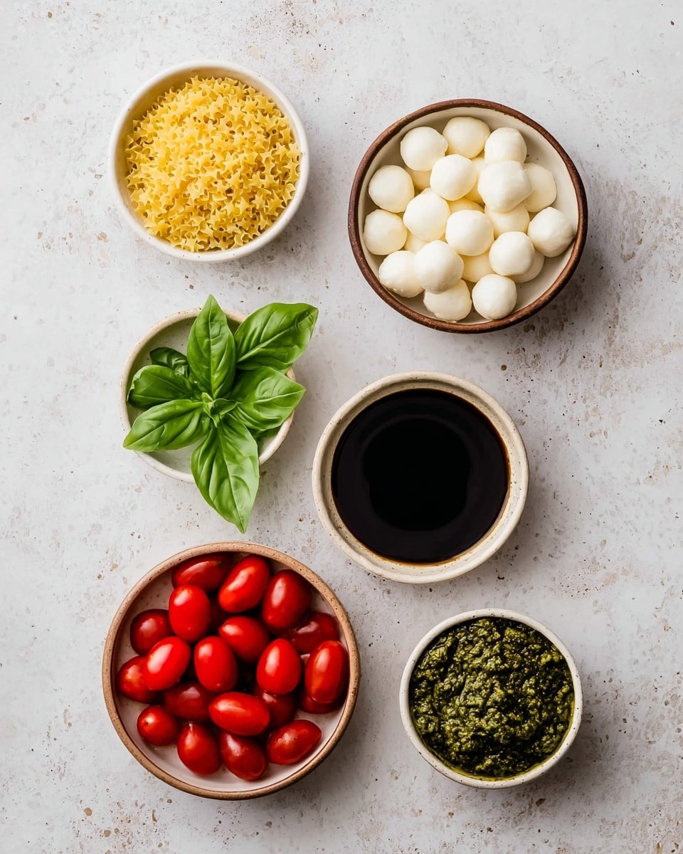 The image shows five white bowls arranged on a white marbled surface. The top two bowls contain small yellow pasta stars on the right and small round white cheese balls on the left. Below them, a small bowl in the center holds dark balsamic vinegar, with two fresh green basil leaves beside it. To the bottom left is a bowl filled with bright red halved cherry tomatoes, and the bottom right bowl contains green pesto sauce with a slightly rough texture. The bowls are set neatly with balanced colors of red, green, white, and yellow. Photo taken with an iphone --ar 4:5 --v 7