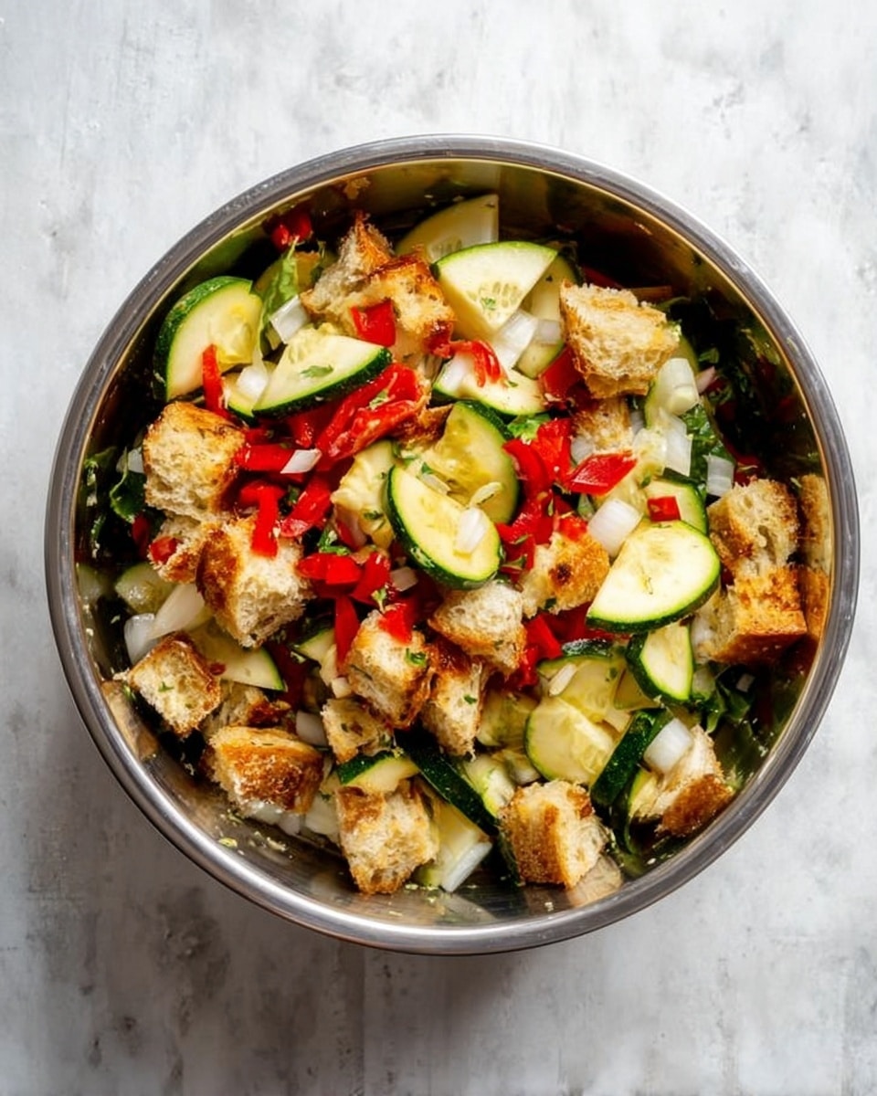 A top view of a shiny metal bowl filled with a mixed salad. The salad has several layers of ingredients, starting with small round pieces of golden brown bread with a crunchy texture. On top of the bread are fresh slices of green zucchini cut into half-moons, and small pieces of bright red bell pepper scattered around. The salad also has small chunks of pale white onions mixed evenly, adding a fresh look. The bowl sits on a white marbled surface. Photo taken with an iphone --ar 4:5 --v 7