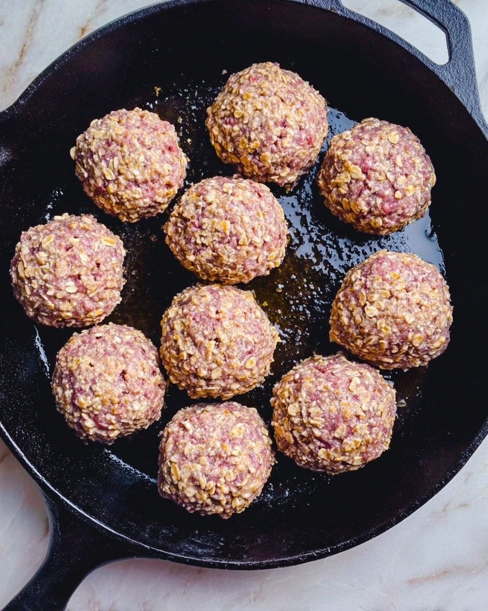 The image shows a black cast iron pan filled with eleven round, uncooked meat patties arranged in close rows. Each patty has a speckled texture with a mix of light beige oats and pinkish meat, giving them a rough and uneven look. The pan's surface has some oil spots reflecting light, and the pan handle is visible on the left side. The pan sits on a white marbled textured surface. photo taken with an iphone --ar 4:5 --v 7