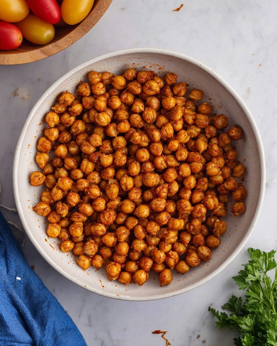 A large white bowl filled with a single layer of roasted chickpeas that are golden brown and slightly crispy, showing some specks of seasoning that give them a reddish tint. The bowl is placed on a white marbled surface. In the corner, part of a wooden bowl with yellow and red tomatoes is visible, and a sprig of green parsley rests near the bottom right of the frame. A blue cloth is partly seen in the bottom left corner. photo taken with an iphone --ar 4:5 --v 7