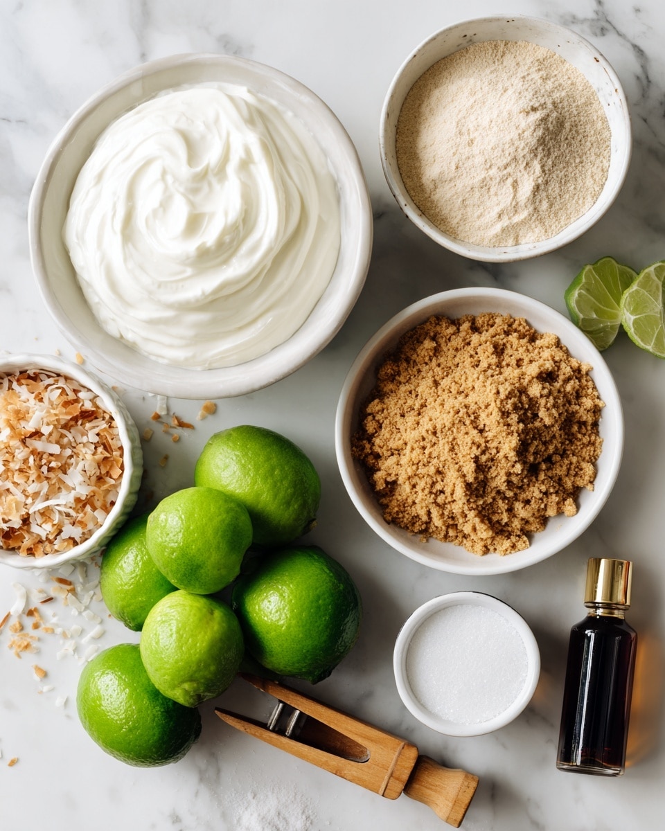 The image shows a top view of several white bowls and a wooden lime zester arranged on a white marbled surface. The largest bowl in the top left is filled with smooth white Greek yogurt, while the bowl to its right holds light beige protein powder. Below the protein powder is a bowl filled with crushed golden-brown graham crackers. To the left of the graham crackers, a bowl contains toasted coconut pieces, which are light brown with some white mixed in. In the center, a bowl is stacked with fresh, whole bright green limes. Next to the limes, a small bowl contains white powdered sweetener. Below all the bowls is a wooden lime zester holding a bright green lime, and near it is a small clear bottle of dark vanilla extract. The clean white marbled surface has a few scattered lime zest shavings. photo taken with an iphone --ar 4:5 --v 7