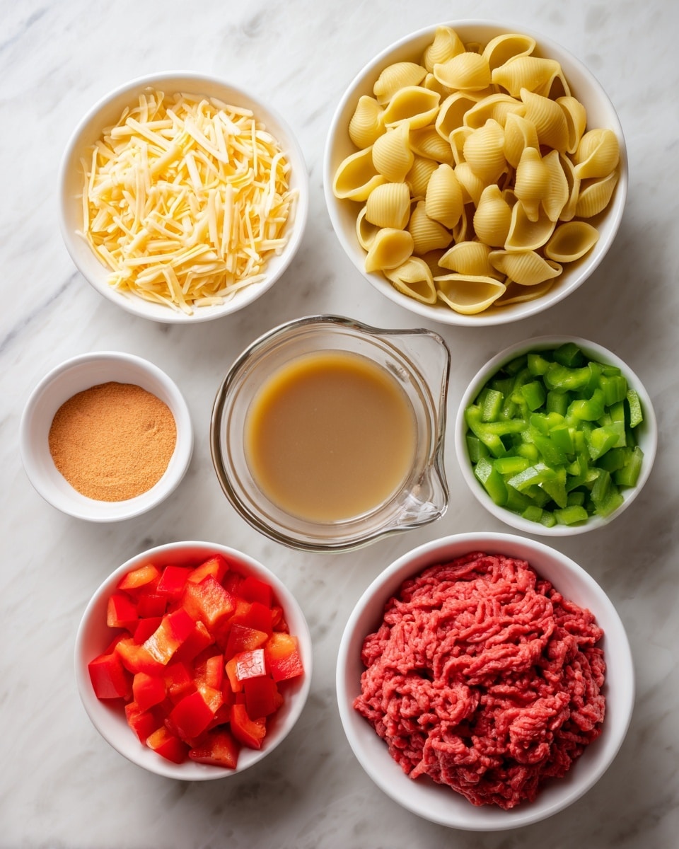 The image shows eight separate bowls arranged neatly on a white marbled surface. In the middle is a white bowl filled with yellow pasta shells, smooth and dry. To the right is a white bowl with chopped green bell pepper pieces. Below that is a glass measuring cup filled with light brown chicken broth. On the bottom left is a small white bowl with bright red chopped bell pepper. Above it, a small white bowl holds a pale orange powder of taco seasoning. To the left of the pasta bowl is a white bowl filled with shredded yellow and white cheese. Above that is another white bowl with bright red diced tomatoes mixed with small green bits. Above and slightly to the right of the tomatoes, a white plate holds a large portion of raw ground beef, showing fine red strands packed together. The colors are vivid and the textures from smooth to coarse are clearly visible. Photo taken with an iphone --ar 4:5 --v 7