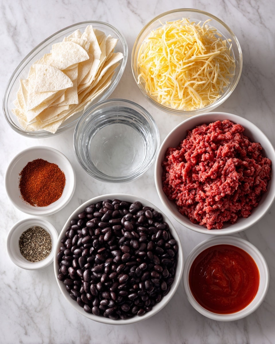 The image shows seven clear or white bowls arranged on a white marbled surface, each containing a different ingredient. From top right, there is a bowl with raw ground beef, bright red with a soft texture. Moving clockwise, there is a bowl with finely shredded yellow and white cheese, providing a fluffy texture. Below that, a small clear bowl holds water, transparent and smooth. On the bottom left, there is a white bowl filled with pieces of white tortillas, some cut into strips, showing a soft and slightly browned texture. Above that, a small white bowl contains reddish-brown spice powder with a fine grainy texture. Next, there is a clear bowl with smooth red sauce, glossy in appearance. At the center, a white bowl is filled with black beans, dark and shiny with a plump texture. Photo taken with an iphone --ar 4:5 --v 7