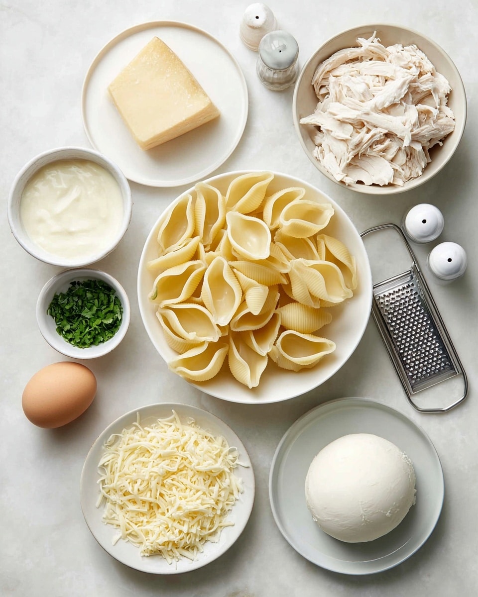 A white marbled surface holds several ingredients arranged neatly: in the center, a white bowl filled with large pasta shells of pale yellow color with a smooth texture; to the top right, a white bowl with shredded white chicken pieces; above it, a small metal grater with a wedge of pale yellow cheese resting on it; top left, a white bowl containing creamy white sauce with a smooth texture; bottom left, a single brown egg next to a small white container holding chopped green herbs; near the bottom center, a white bowl filled with shredded pale yellow cheese; bottom right, a white plate with a round ball of soft white cheese on it; near the top right, a pair of small white salt and pepper shakers. Photo taken with an iphone --ar 4:5 --v 7