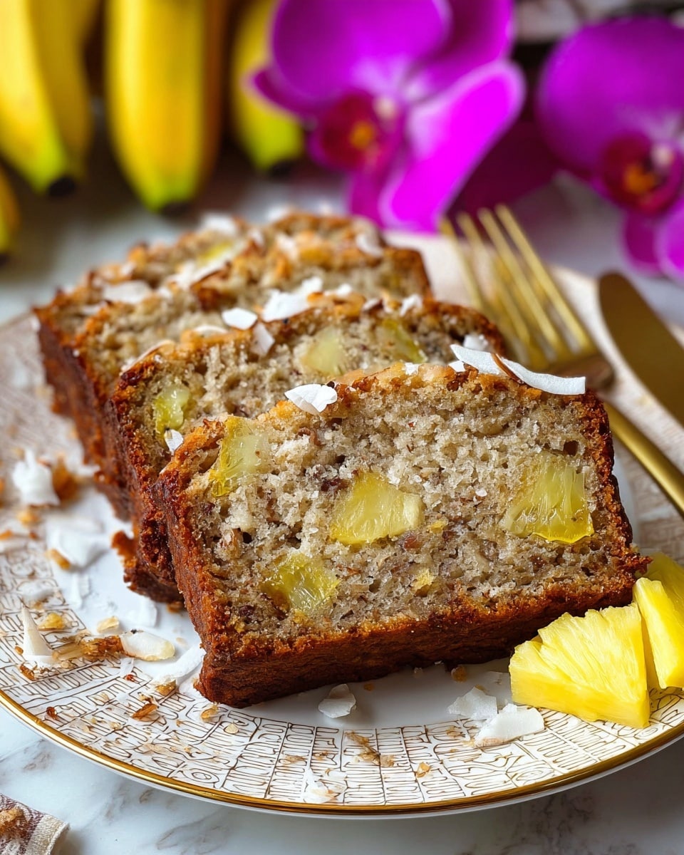 Three thick slices of pineapple banana bread are arranged on a white plate with a beige patterned rim. Each slice shows a light brown, moist crumb with visible chunks of yellow pineapple and specks of banana and nuts throughout. The crust is a deeper golden brown, slightly crusty, and the top edges appear crunchy. Small white coconut flakes are scattered on and around the slices on the plate. Pieces of pineapple sit beside the slices, adding more yellow color. The background has blurred bananas and bright purple orchid flowers, with a golden fork placed behind the plate on a white marbled surface. Photo taken with an iphone --ar 4:5 --v 7