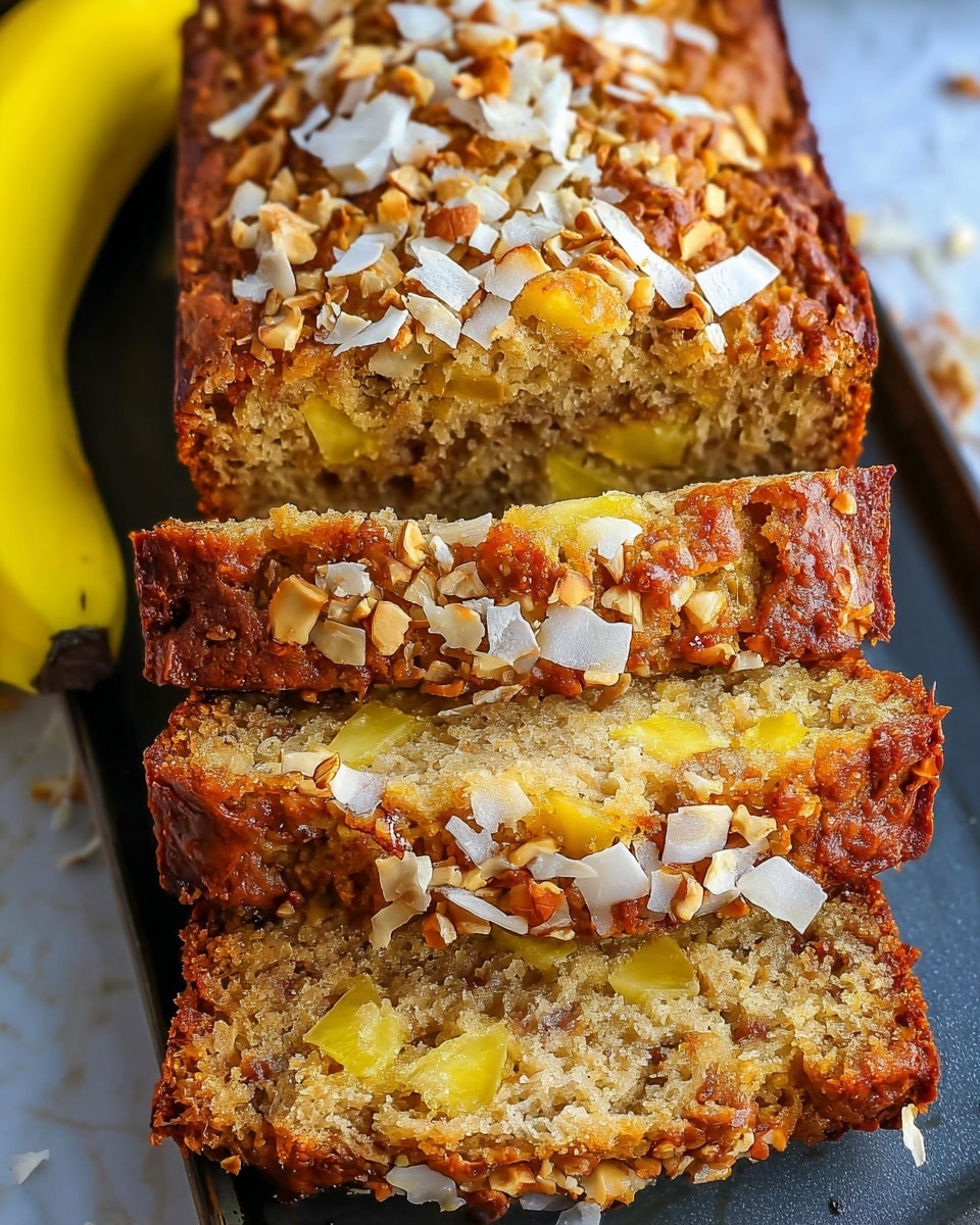 A close-up of a banana bread loaf with three thick slices cut, showing a moist texture inside filled with small yellow pineapple chunks and brown nut pieces, topped with scattered white coconut flakes. The bread crust is golden brown with a rough, slightly cracked surface. The loaf rests on a dark surface next to a whole yellow banana, all placed on a white marbled textured background, photo taken with an iphone --ar 4:5 --v 7