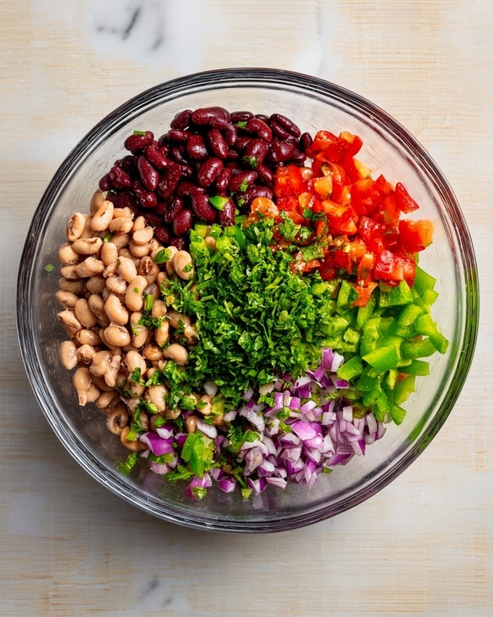 A close-up view of a white bowl filled with a colorful mixed bean salad. The salad has layers of light beige black-eyed peas, dark red kidney beans, bright yellow corn kernels, green bell pepper pieces, red tomato chunks, small bits of purple onion, and green herbs spread evenly throughout, creating a burst of color and texture. The bowl sits on a white marbled surface. photo taken with an iphone --ar 4:5 --v 7