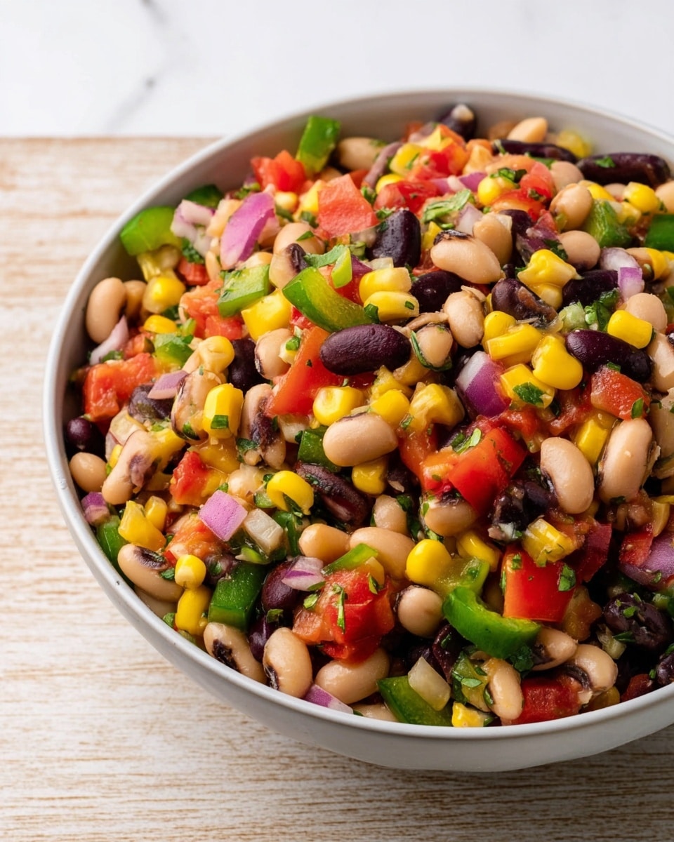 A clear glass bowl is shown from above, placed on a white marbled surface, with six distinct layers of chopped ingredients arranged in sections around the bowl. One section has dark red kidney beans, next to it are beige black-eyed peas, followed by bright green chopped bell peppers, finely diced red tomatoes, small pieces of purple onions, and a pile of finely chopped green herbs in the center, all appearing fresh with different textures. The bowl’s edges are clear and smooth. photo taken with an iphone --ar 4:5 --v 7