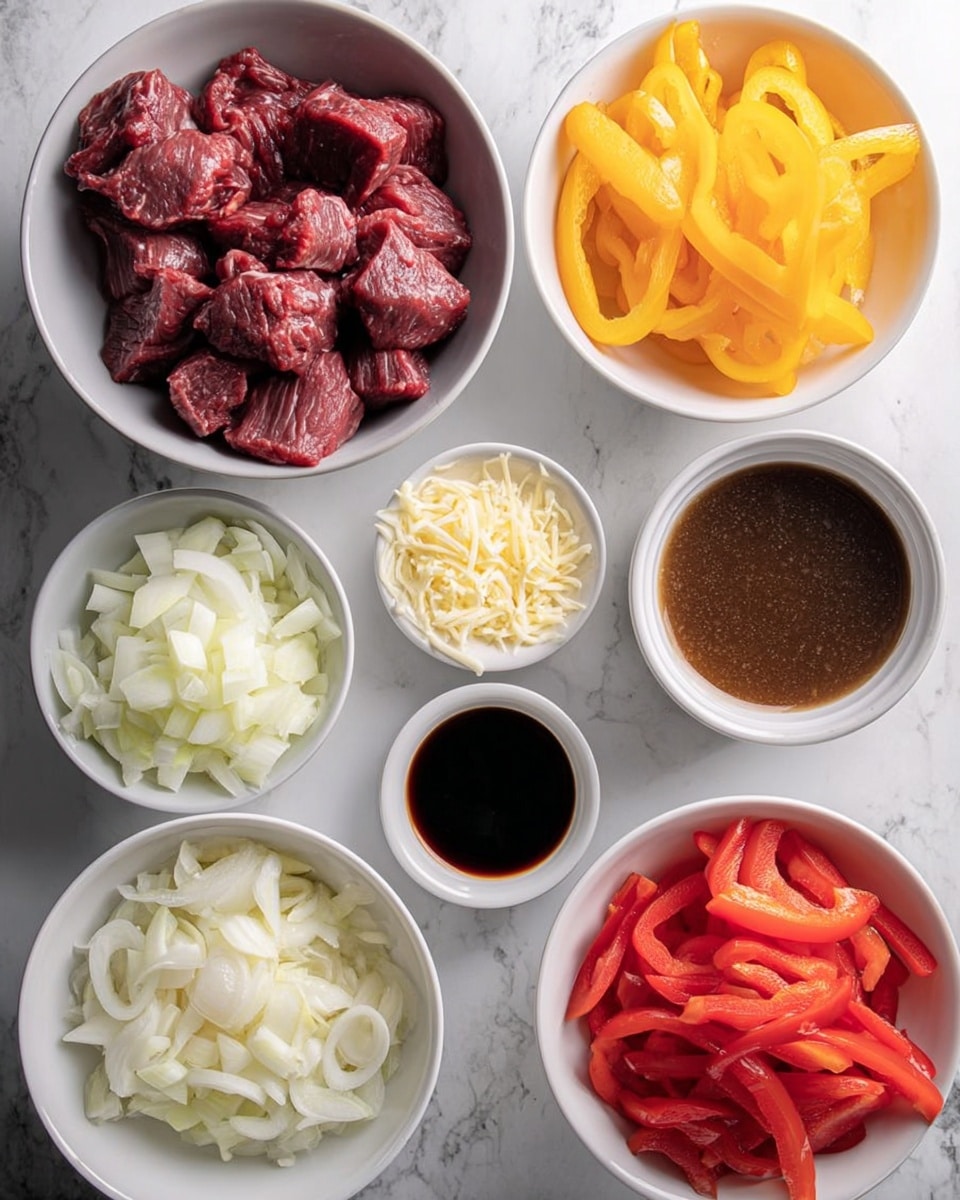 Seven white bowls are shown on a white marbled surface, each holding different ingredients. The largest bowl in the center holds raw, dark red beef pieces. Surrounding it are bowls with bright yellow sliced bell peppers, thinly sliced white onions, chopped white onions, sliced red bell peppers, grated pale yellow cheese, and a small bowl with thick brown sauce. A very small bowl contains a dark liquid, possibly soy sauce. All bowls are round and filled neatly, showing clear, fresh colors and textures. photo taken with an iphone --ar 4:5 --v 7