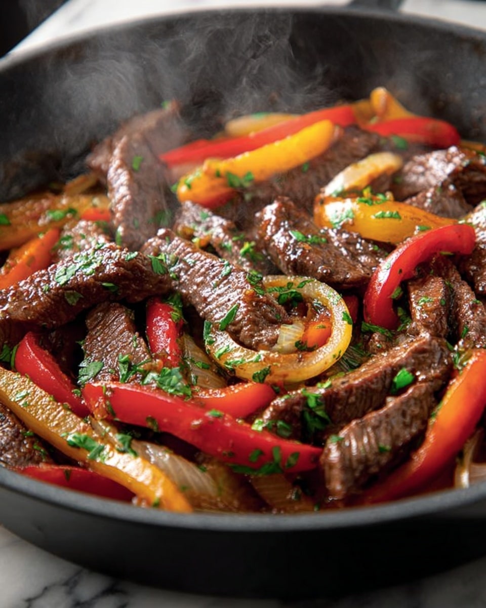 A close-up view of a black pan filled with cooked strips of dark brown beef mixed with bright red and yellow bell pepper slices, and translucent cooked onion strips. The beef and vegetables are coated in a light glaze, sprinkled with chopped fresh green herbs, and steam rises gently from the hot dish. The pan sits on a white marbled surface. photo taken with an iphone --ar 4:5 --v 7
